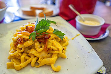 View of Carbonara in restaurant in Montepulciano, Montepulciano, Province of Siena, Tuscany, Italy, Europe