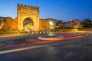 View of Arch of Augustus (Arco d'Augusto) at dusk, Rimini, Emilia-Romagna, Italy, Europe