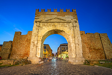 View of Arch of Augustus (Arco d'Augusto) at dusk, Rimini, Emilia-Romagna, Italy, Europe