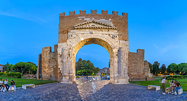 View of Arch of Augustus (Arco d'Augusto) at dusk, Rimini, Emilia-Romagna, Italy, Europe