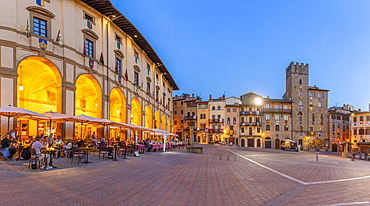 View of architecture in Piazza Grande at dusk, Arezzo, Province of Arezzo, Tuscany, Italy, Europe