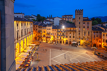 View of Piazza Grande from Palazzo della Fraternita dei Laici at dusk, Arezzo, Province of Arezzo, Tuscany, Italy, Europe