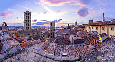 View of city skyline and rooftops from Palazzo della Fraternita dei Laici at sunset, Arezzo, Province of Arezzo, Tuscany, Italy, Europe