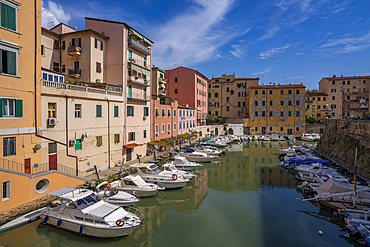 View of colourful buildings and canal, Livorno, Province of Livorno, Tuscany, Italy, Europe