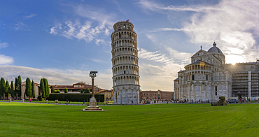 View of Pisa Cathedral and Leaning Tower of Pisa at sunset, UNESCO World Heritage Site, Pisa, Province of Pisa, Tuscany, Italy, Europe