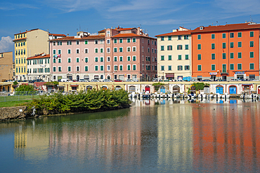 View of colourful buildings and canal, Livorno, Province of Livorno, Tuscany, Italy, Europe