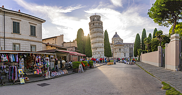 View of souvenir stalls and Leaning Tower of Pisa at sunset, UNESCO World Heritage Site, Pisa, Province of Pisa, Tuscany, Italy, Europe