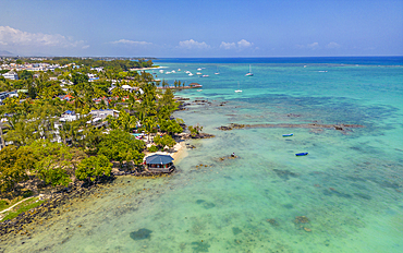 Aerial view of beach and turquoise water at Le Clos Choisy, Mauritius, Indian Ocean, Africa