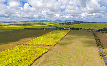 Aerial view of patchwork fields and mountains visible on horizon near Mapou, Rempart District, Mauritius, Indian Ocean, Africa