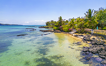 Aerial view of coastline, beach and turquoise water at Cap Malheureux, Mauritius, Indian Ocean, Africa