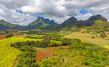 Aerial view of Long Mountain and fields at Long Mountain, Mauritius, Indian Ocean, Africa