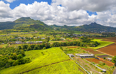 Aerial view of Long Mountain and fields at Long Mountain, Mauritius, Indian Ocean, Africa