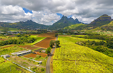 Aerial view of Long Mountain and fields at Long Mountain, Mauritius, Indian Ocean, Africa