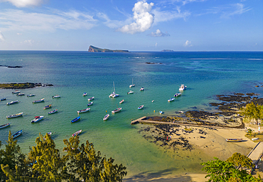 Aerial view of bay near Notre-Dame Auxiliatrice de Cap Malheureux, Cap Malheureux, Mauritius, Indian Ocean, Africa