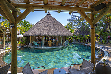 View of hotel pool and restaurant in Cap Malheureux, Mauritius, Indian Ocean, Africa