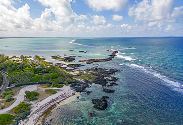 Aerial view of coastline near Poste La Fayette Public Beach, Mauritius, Indian Ocean, Africa