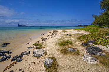 View of beach and turquoise Indian Ocean on sunny day in Cap Malheureux, Mauritius, Indian Ocean, Africa