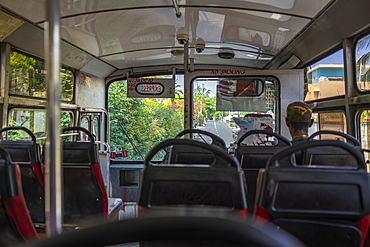 View onboard local public transport bus in Cap Malheureux, Mauritius, Indian Ocean, Africa