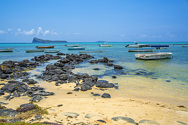 View of beach and turquoise Indian Ocean on sunny day in Cap Malheureux, Mauritius, Indian Ocean, Africa