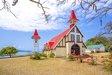 View of Notre-Dame Auxiliatrice de Cap Malheureux on sunny day in Cap Malheureux, Mauritius, Indian Ocean, Africa