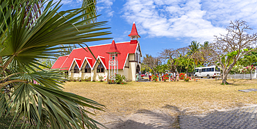 View of Notre-Dame Auxiliatrice de Cap Malheureux on sunny day in Cap Malheureux, Mauritius, Indian Ocean, Africa