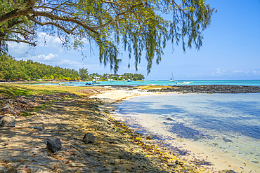 View of beach and turquoise Indian Ocean on sunny day in Cap Malheureux, Mauritius, Indian Ocean, Africa