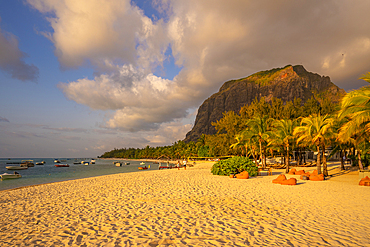 View of Le Morne Public Beach at sunset, Le Morne, Riviere Noire District, Mauritius, Indian Ocean, Africa