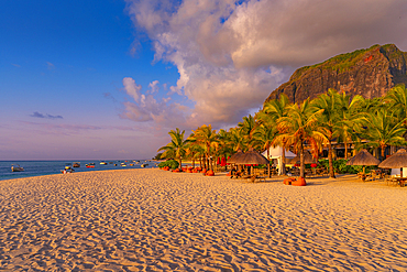 View of Le Morne Public Beach at sunset, Le Morne, Riviere Noire District, Mauritius, Indian Ocean, Africa