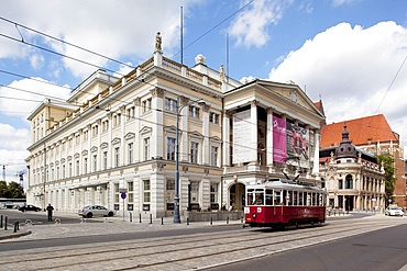 Opera House and city tram, Old Town, Wroclaw, Silesia, Poland, Europe