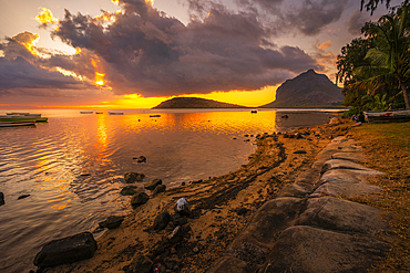 View of Le Morne from Le Morne Brabant at sunset, Savanne District, Mauritius, Indian Ocean, Africa