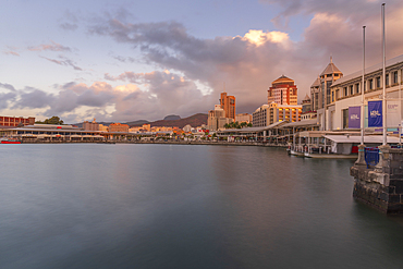 View of Caudan Waterfront in Port Louis at sunset, Port Louis, Mauritius, Indian Ocean, Africa