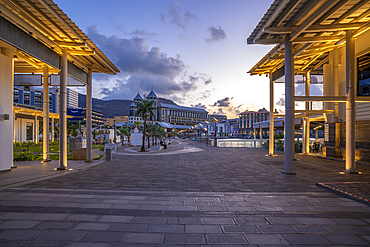 View of Caudan Waterfront in Port Louis at dusk, Port Louis, Mauritius, Indian Ocean, Africa