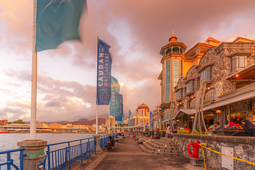 View of Caudan Waterfront in Port Louis at sunset, Port Louis, Mauritius, Indian Ocean, Africa