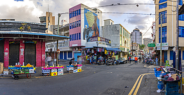 View of buildings and market stalls near Central Market, Port Louis, Mauritius, Indian Ocean, Africa