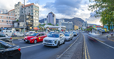 View of buildings and traffic in Port Louis, Port Louis, Mauritius, Indian Ocean, Africa