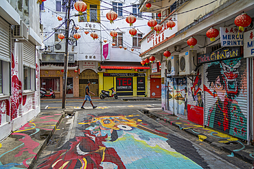 View of colourful street in Chinatown, Port Louis, Mauritius, Indian Ocean, Africa