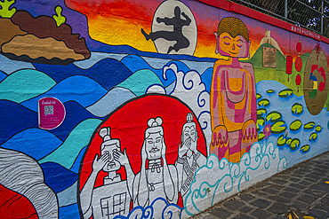 View of wall art at Chinese Embassy, Chinatown, Port Louis, Mauritius, Indian Ocean, Africa