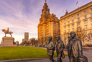 View of Beatles statue and Royal Liver Building, Liverpool City Centre, Liverpool, Merseyside, England, United Kingdom, Europe