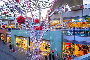 View of shops and Christmas lights, Liverpool City Centre, Liverpool, Merseyside, England, United Kingdom, Europe