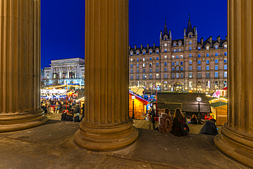 View of Christmas Market from St. Georges Hall, Liverpool City Centre, Liverpool, Merseyside, England, United Kingdom, Europe