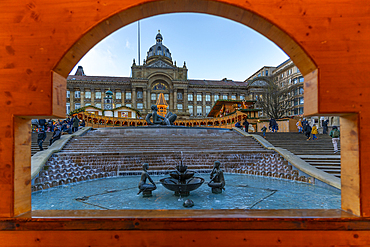 View of Christmas Market stalls, fountains and Council House, Victoria Square, Birmingham, West Midlands, England, United Kingdom, Europe