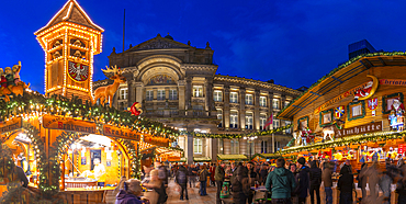 View of Christmas Market stalls in Victoria Square at dusk, Birmingham, West Midlands, England, United Kingdom, Europe