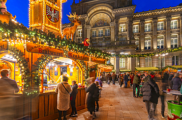 View of Christmas Market stalls in Victoria Square at dusk, Birmingham, West Midlands, England, United Kingdom, Europe