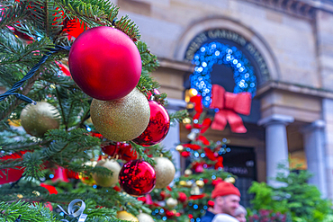 View of Christmas decorations in the Piazza, Covent Garden, London, England, United Kingdom, Europe