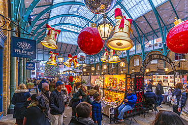 View of Christmas decorations in the Apple Market, Covent Garden, London, England, United Kingdom, Europe