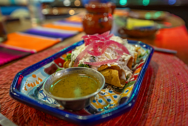 View of chilies stuffed with cheese in restaurant, Hotel Zone, Cancun, Caribbean Coast, Yucatan Peninsula, Mexico, North America