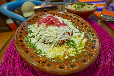 View of chilies stuffed with cheese in restaurant, Hotel Zone, Cancun, Caribbean Coast, Yucatan Peninsula, Mexico, North America