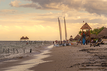 View of beach at sunset near Puerto Morelos, Quintana Roo, Caribbean Coast, Yucatan Peninsula, Riviera Maya, Mexico, North America