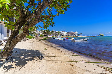 View of small boats in harbour, Playa del Carmen, Caribbean Coast, Yucatan Peninsula, Riviera Maya, Mexico, North America