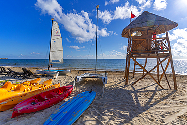 View of beach and lifeguard tower at Puerto Morelos, Caribbean Coast, Yucatan Peninsula, Riviera Maya, Mexico, North America